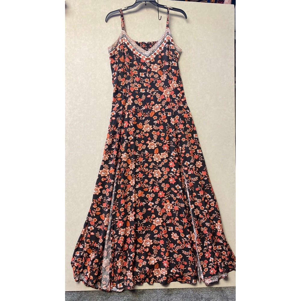 Idyllwind Miranda Lambert Floral Maxi Dress Black Orange Boho Slit Size Large
